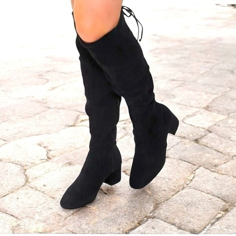 Women's Black Faux Suede Knee High Boots Block Heel Zip Rope Tie Size 7.5 NWOT